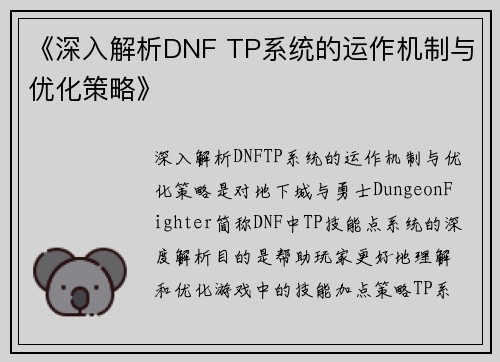 《深入解析DNF TP系统的运作机制与优化策略》