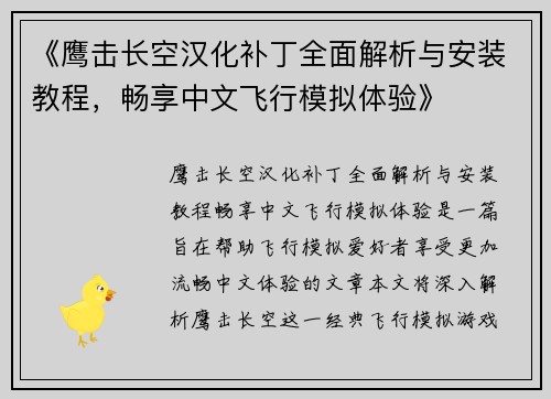 《鹰击长空汉化补丁全面解析与安装教程，畅享中文飞行模拟体验》